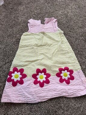 Pink & Lime Flower Appliqué Seersucker Kids Dress